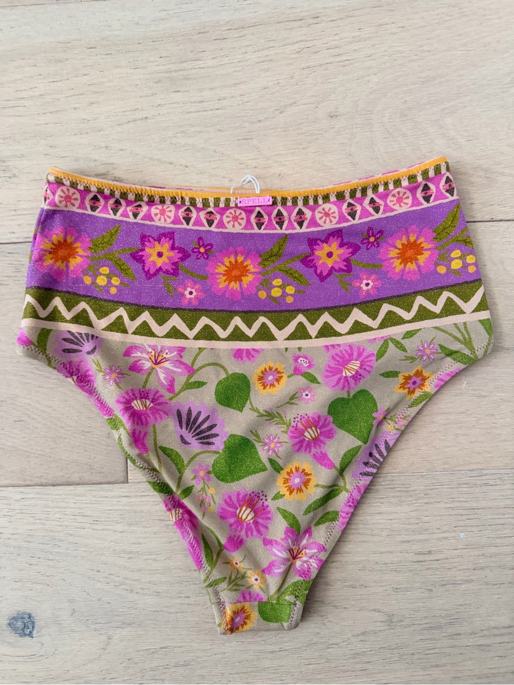 NWOT Spell Goldie Shimmer Pink Floral High-Waist Bikini Bottoms size M - Picture 5 of 7